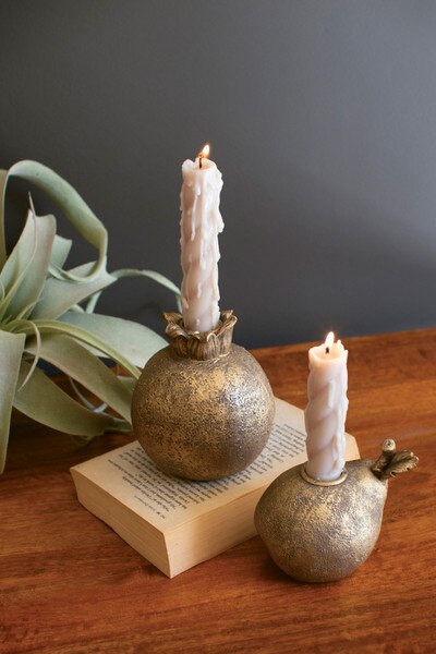 Set of 2 Gold Resin Pomegranate and Pear Candle Holders