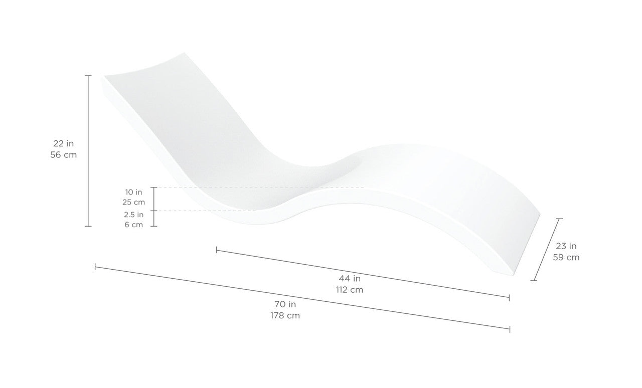 White curved chaise lounger with labeled dimensions shown in inches and centimeters.