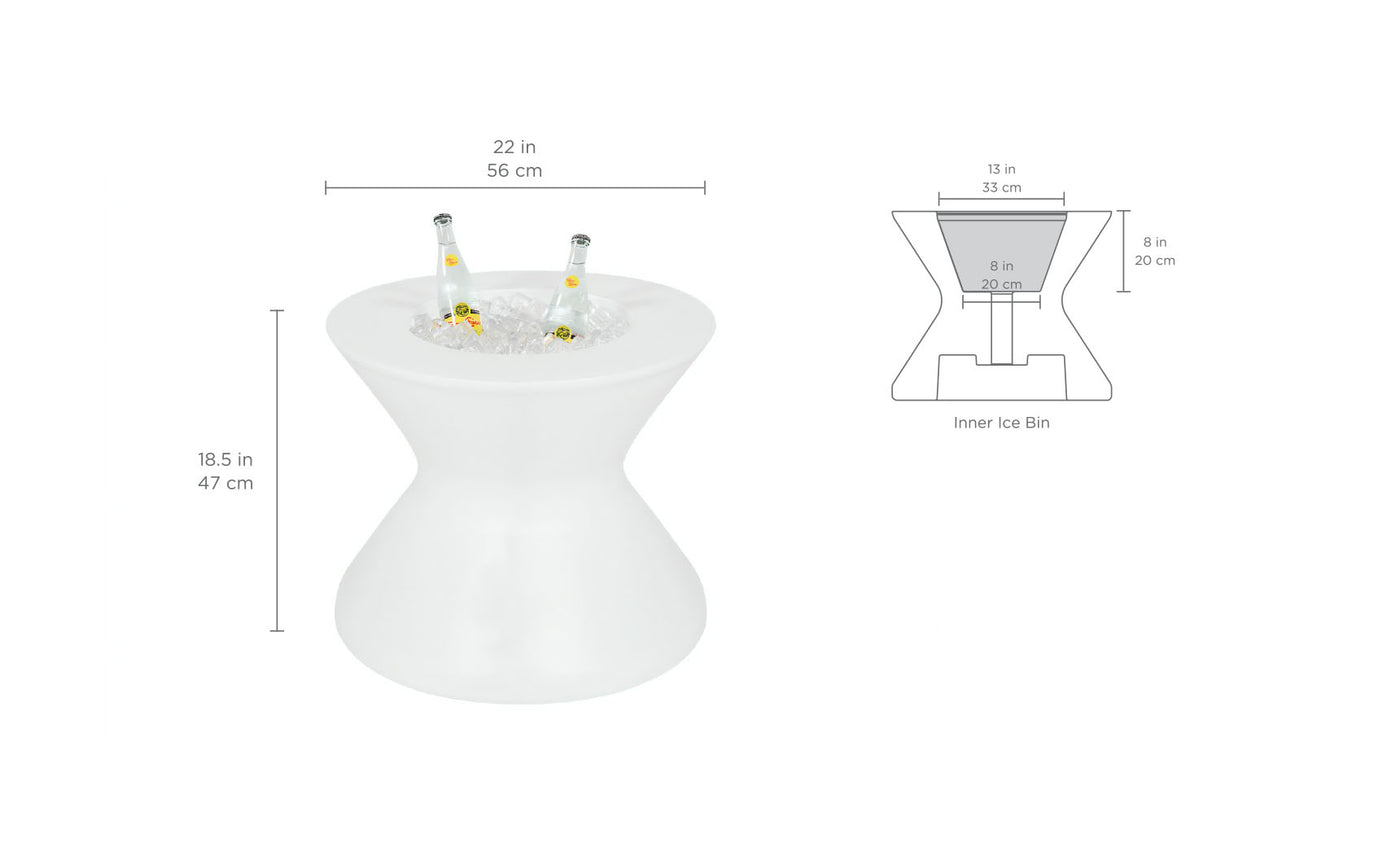 Dimension diagram of a round side table with integrated ice bin, showing height, width, and storage measurements.