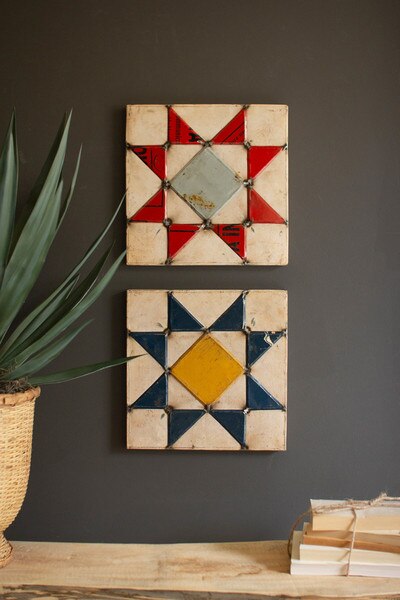 Set of 2 Recycled Metal Quilt Pattern Squares