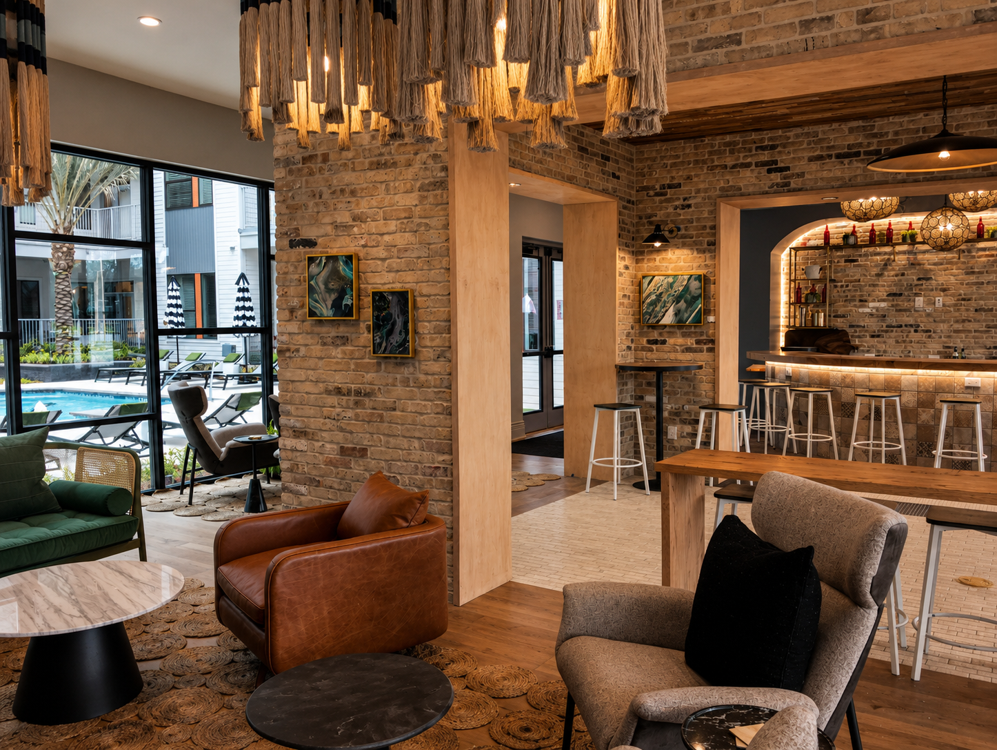 26th and Durham clubhouse interior with brick walls