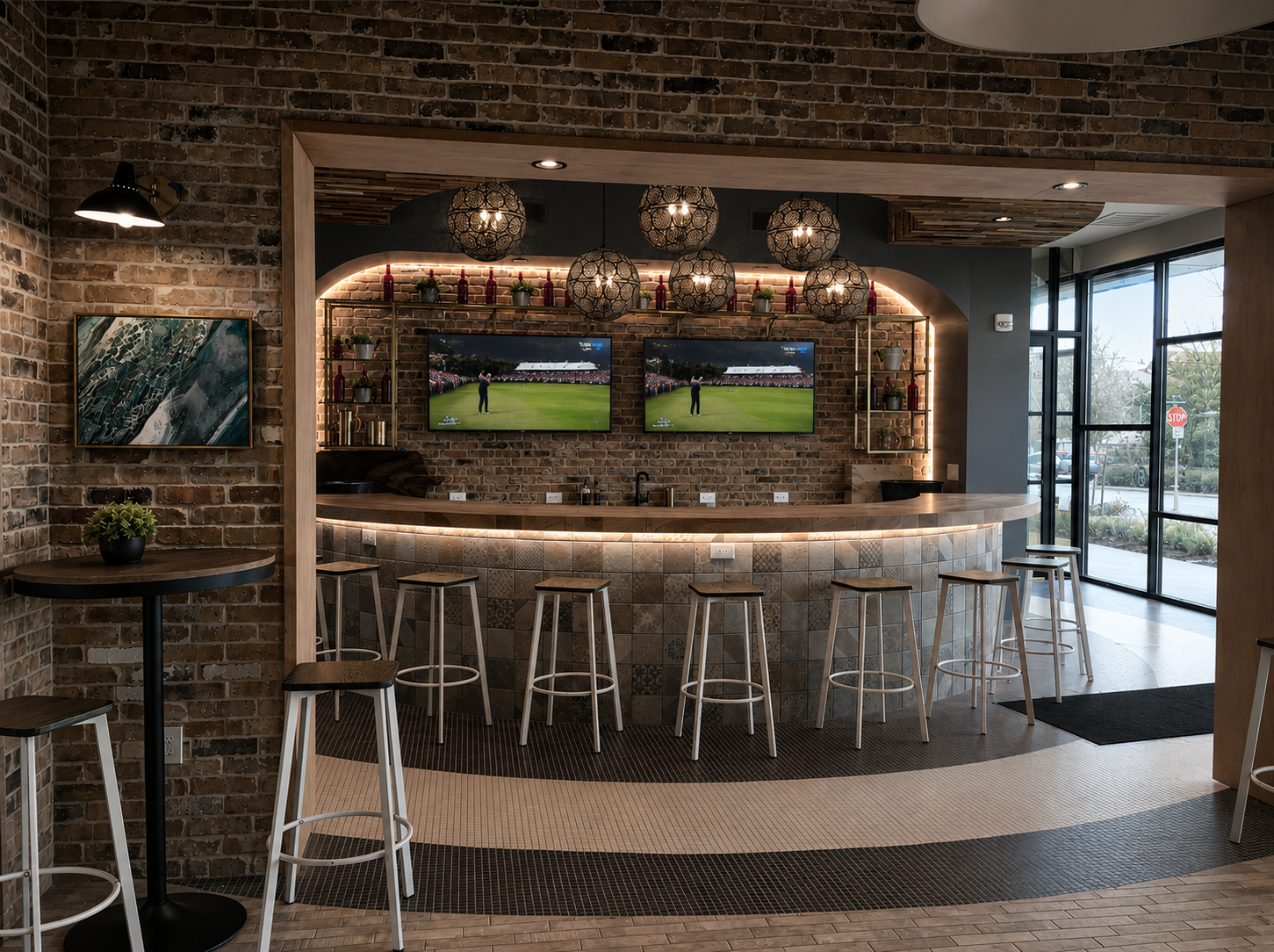 26th and Durham clubhouse interior with curved feature bar in Houston Heights
