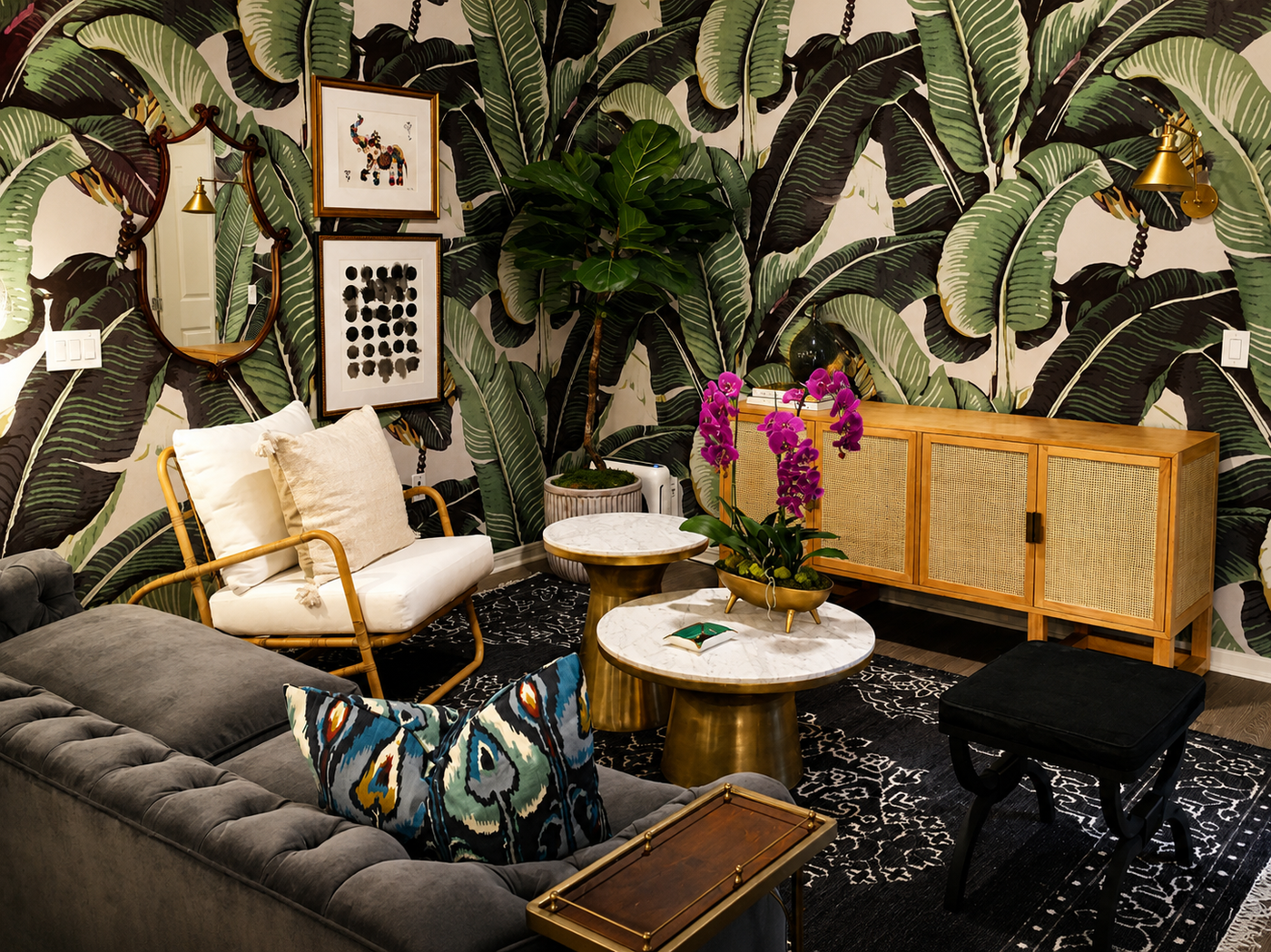 26th and Durham model unit living room with curated furnishings