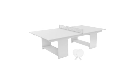 White outdoor ping pong table with matching paddles and net on a light gray background.