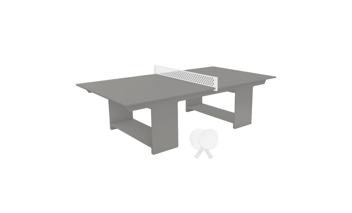 Gray table tennis table with net and paddles.