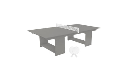 Gray table tennis table with net and paddles.