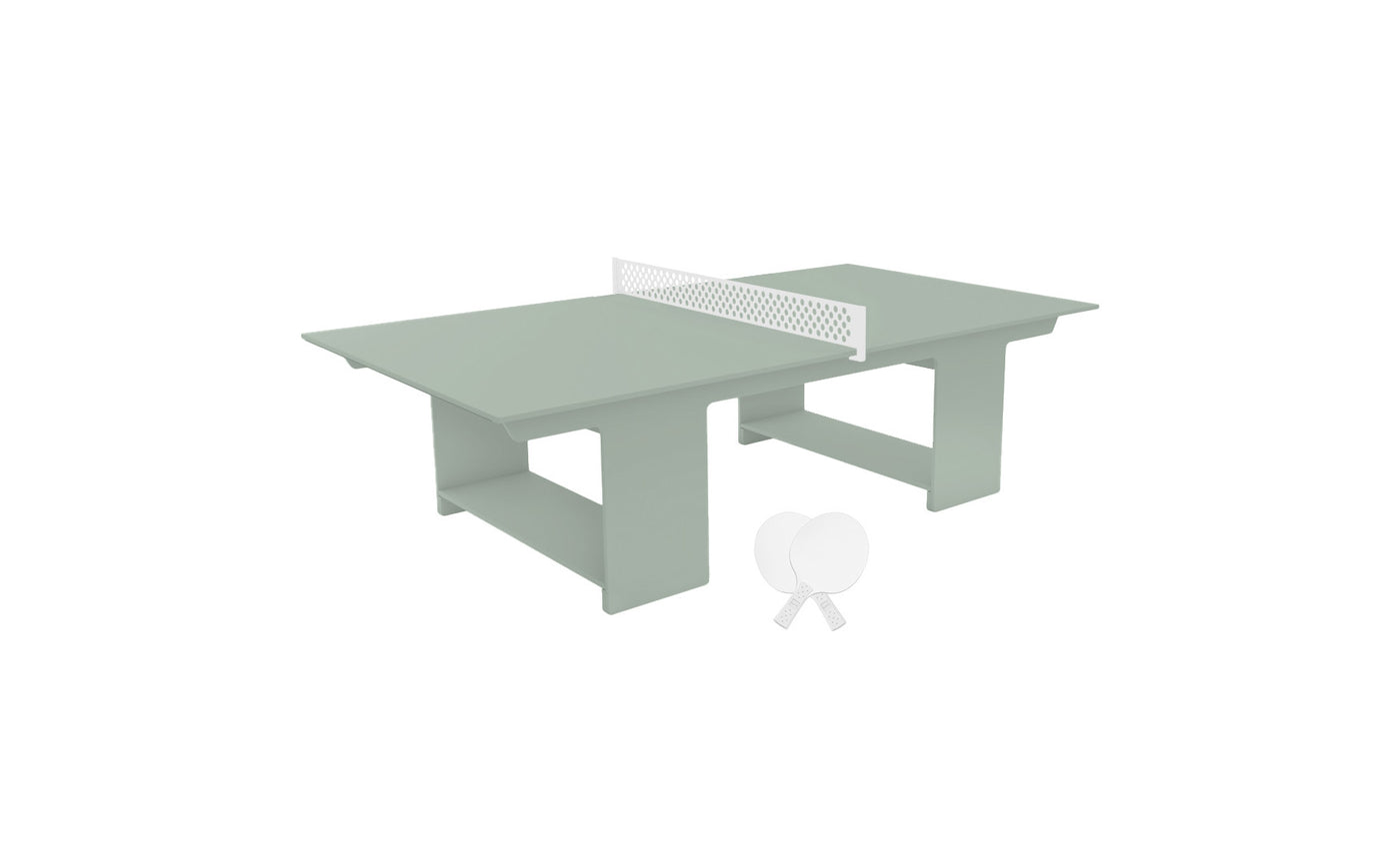 Sage green table tennis table with net and paddles.