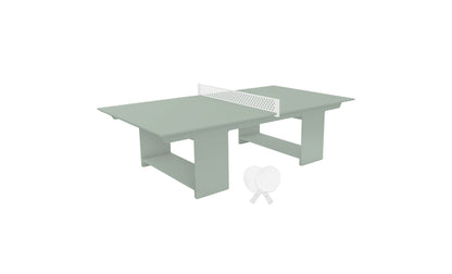 Sage green table tennis table with net and paddles.