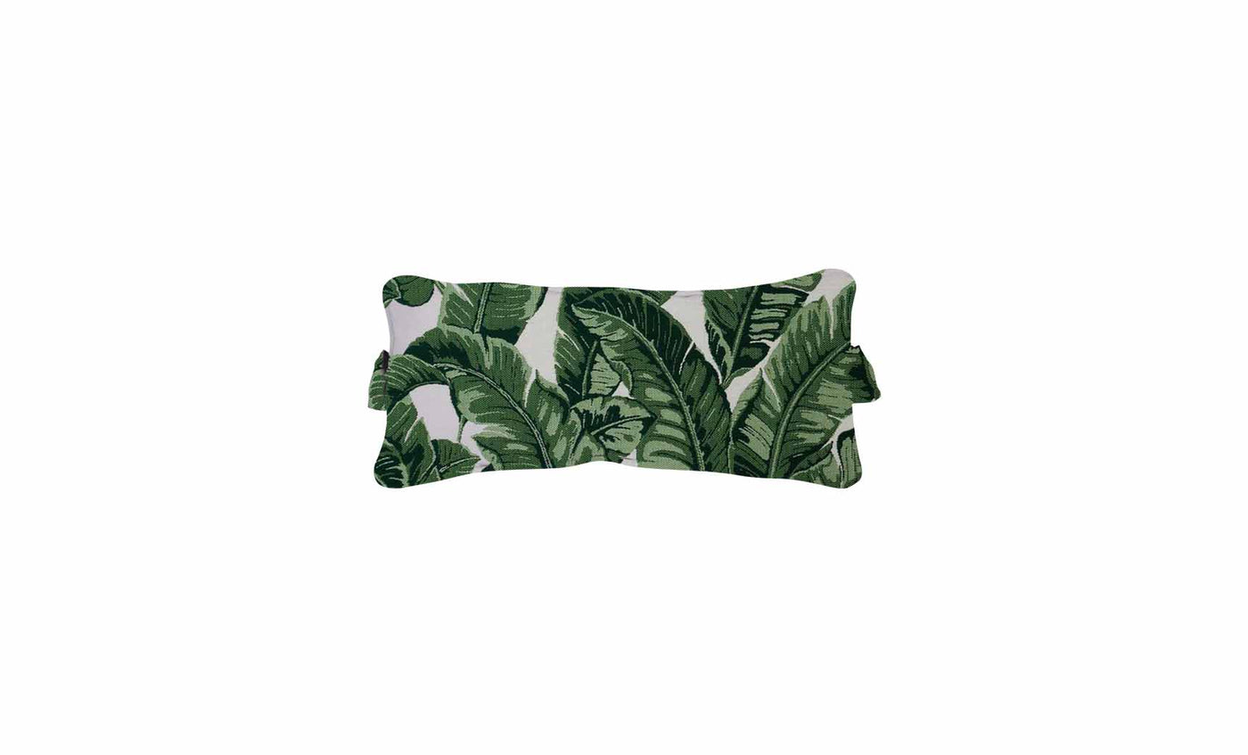 Outdoor headrest pillow with green tropical leaf print and side straps on a light background.