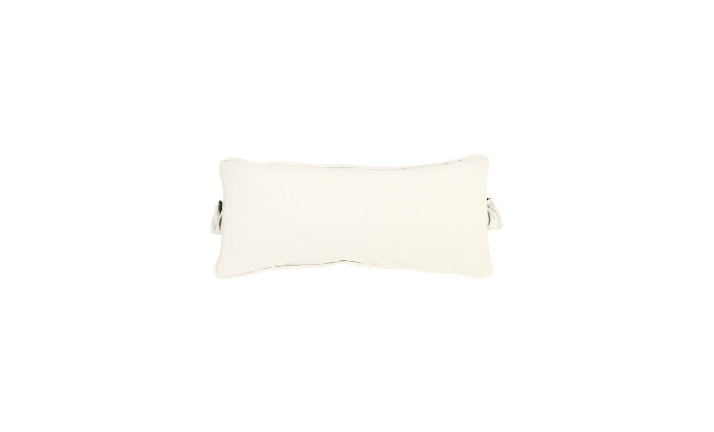 Outdoor headrest pillow with white fabric and side straps on a light background.