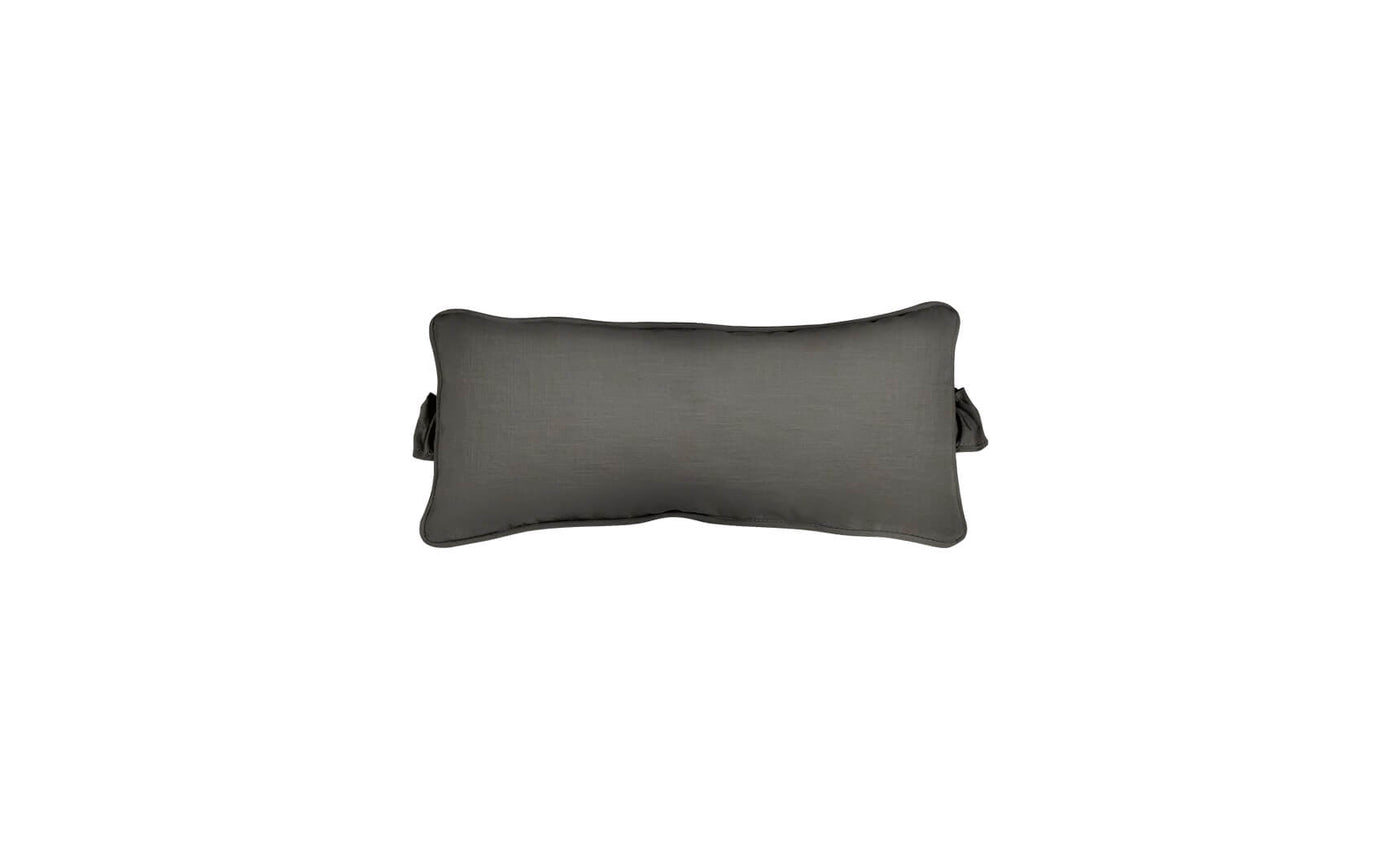 Dark gray outdoor headrest pillow with side straps, centered on a light gray background.
