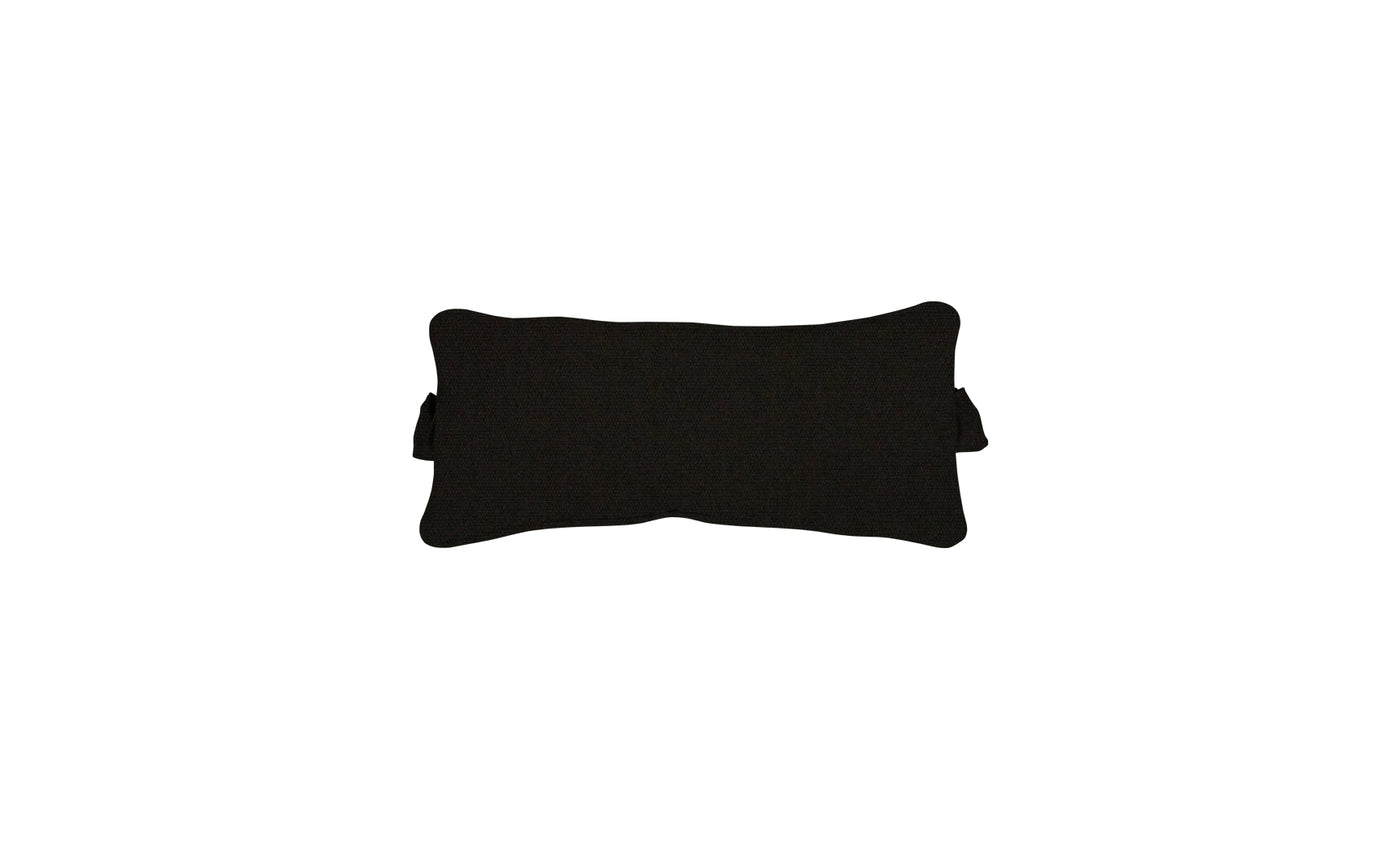 Outdoor headrest pillow with black fabric and side straps on a light background.