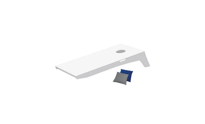 White cornhole toss board with gray and blue beanbags.