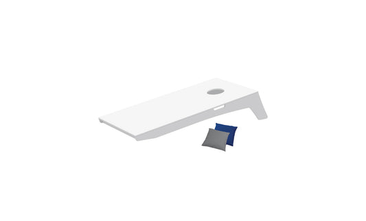 White cornhole toss board with gray and blue beanbags.