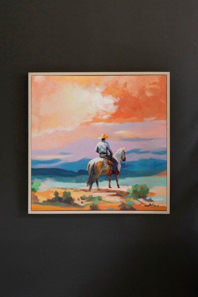 Framed Acrylic Cowboy Painting