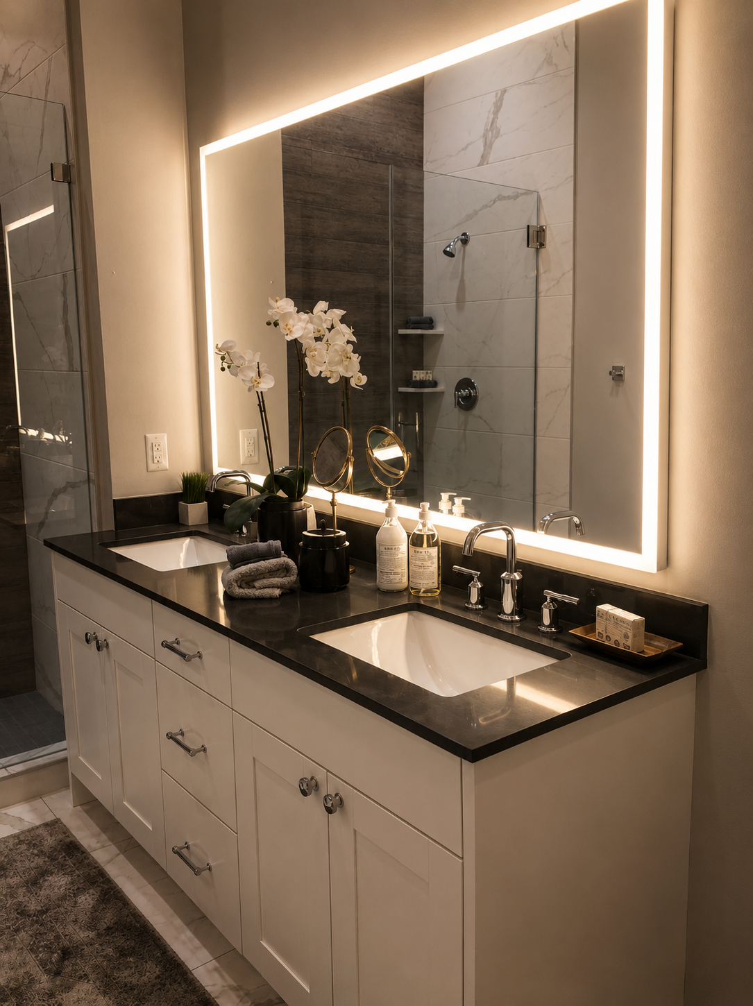 Bathroom vanity with a large illuminated mirror, sink, and various toiletries.
