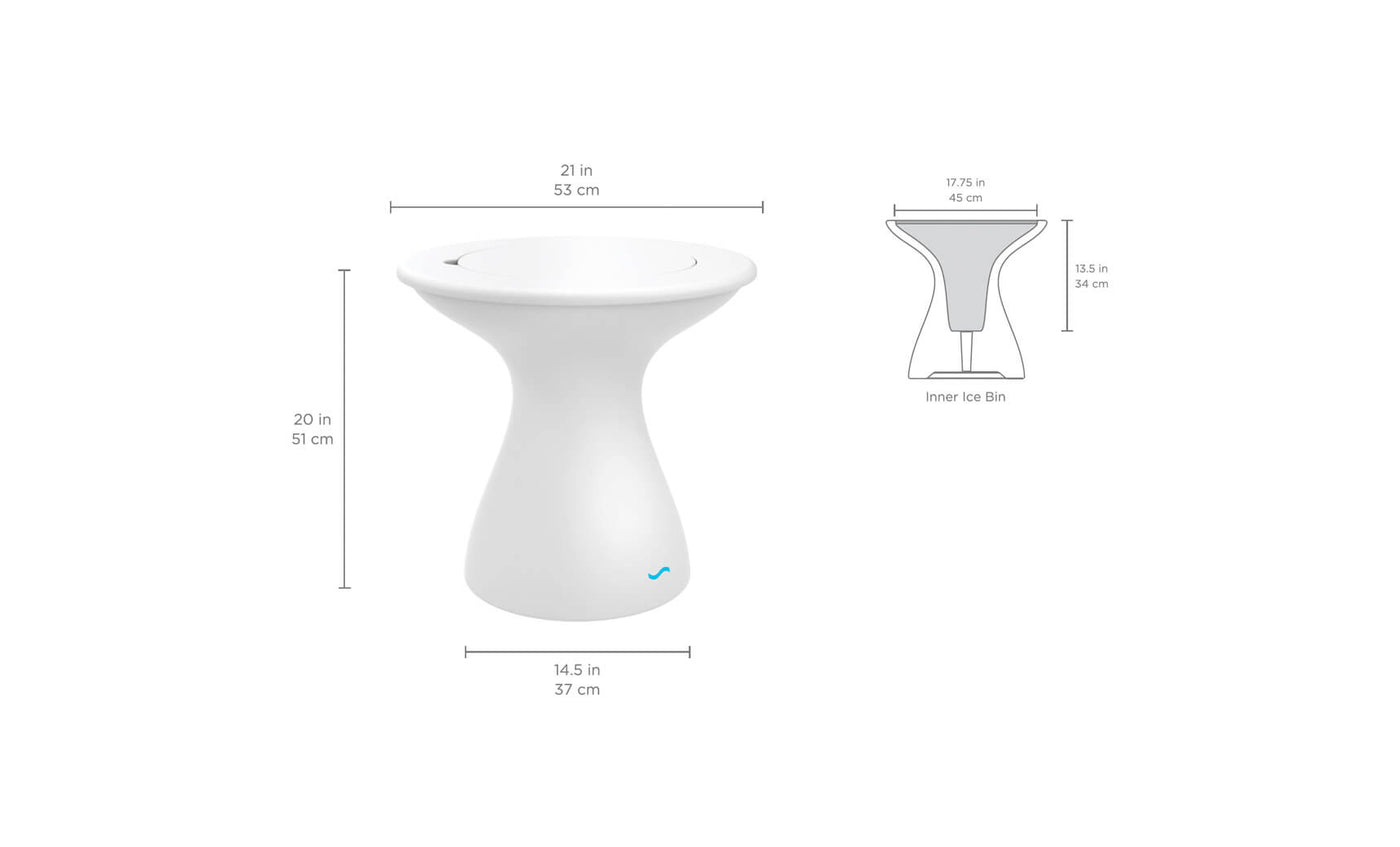 Dimension diagram of a round side table with integrated ice bin, showing height, width, and storage measurements.