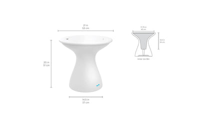 Dimension diagram of a round side table with integrated ice bin, showing height, width, and storage measurements.