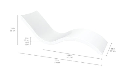 White curved chaise lounger with labeled dimensions shown in inches and centimeters.