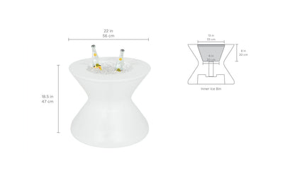 Dimension diagram of a round side table with integrated ice bin, showing height, width, and storage measurements.