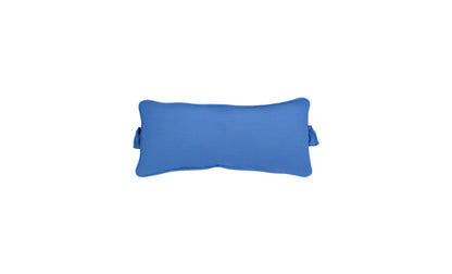 Outdoor headrest pillow with blue fabric and side straps on a light background.
