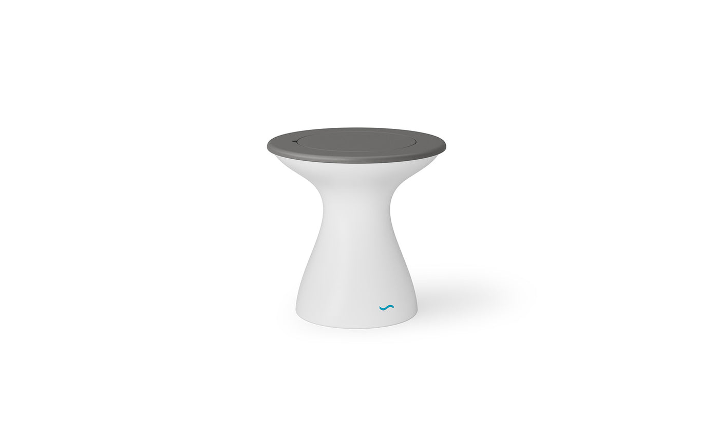 Ledge Lounger Autograph Tall Ice Bin Side Table with Gray lid and White base.