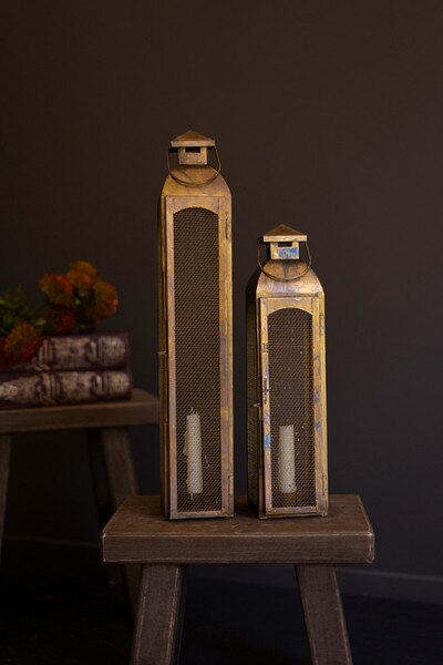Set of 2 Antique Brass Taper Candle Lanterns with Wire Screen