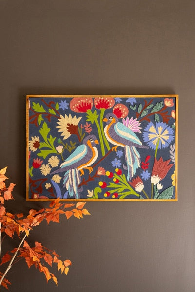 Framed Hand Hooked Art with Birds and Flowers