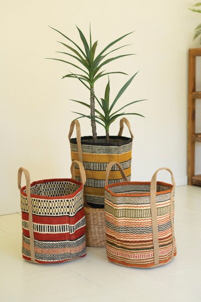 Set of Three Multi Colored Woven Jute Baskets with Handles