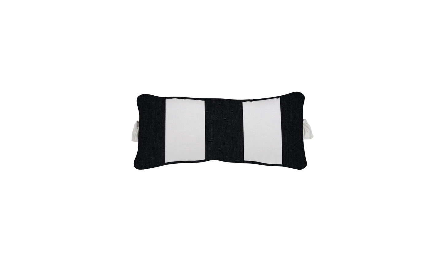 Outdoor headrest pillow with black and white stripe print and side straps on a light background.