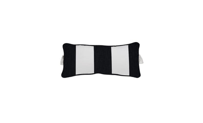 Outdoor headrest pillow with black and white stripe print and side straps on a light background.