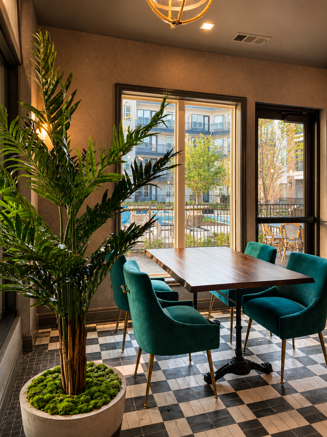 Modern interior with teal chairs, wooden table, and large window view.
