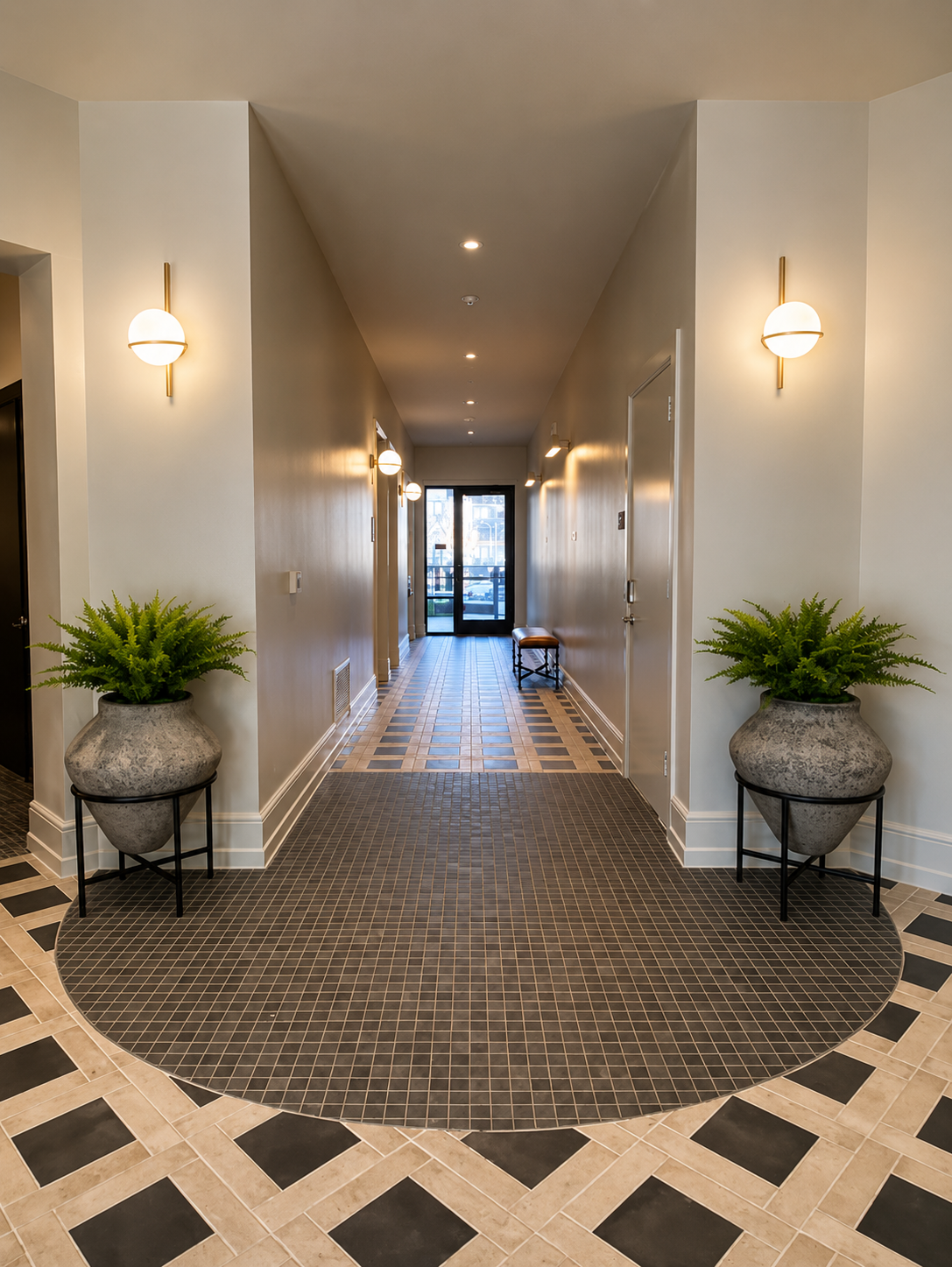 Modern hallway with geometric floor design, wall lights, and potted plants.