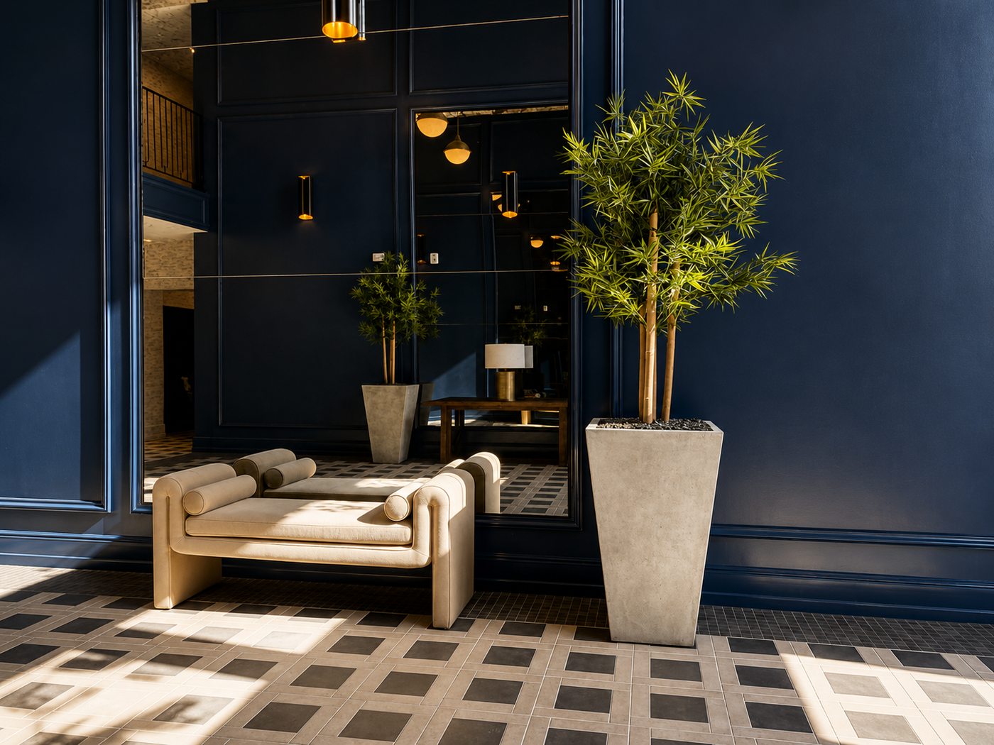 Modern interior with a beige sofa, potted plants, and dark blue walls.