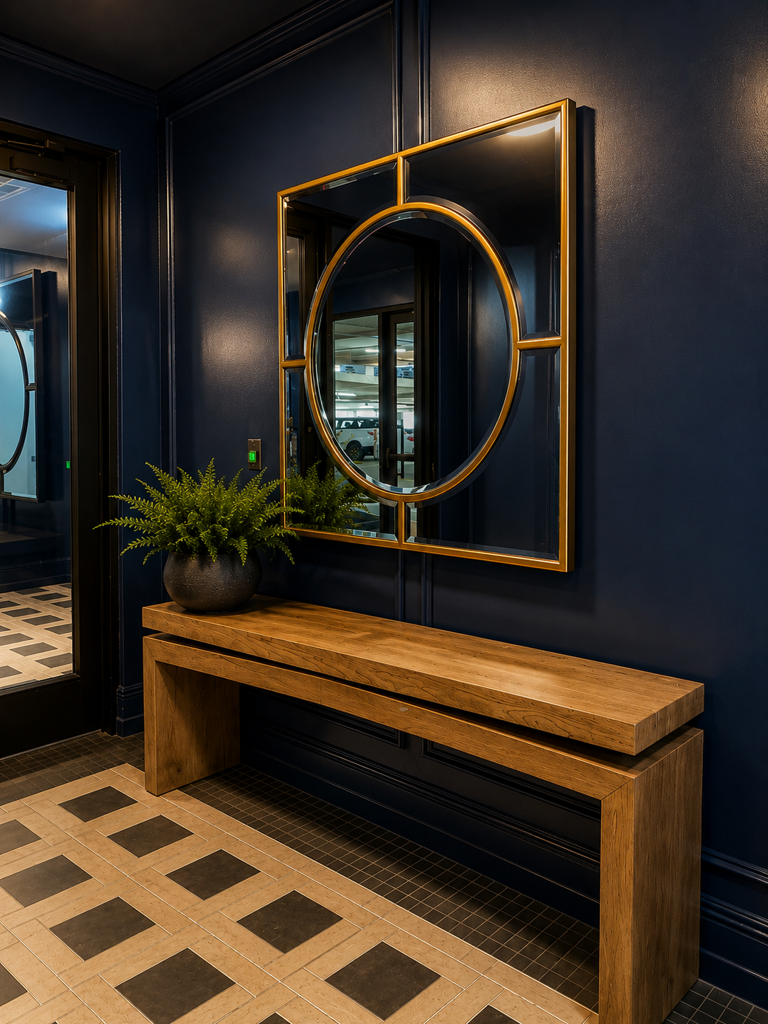 Wooden bench with a decorative mirror in a darkly painted room.
