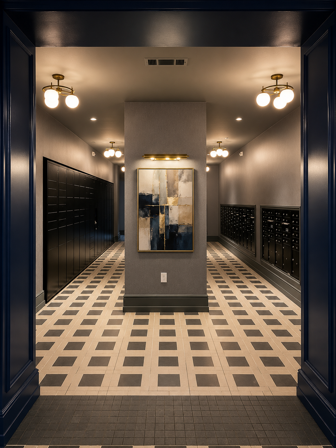 Luxury entry to mailroom with tiled floor, wall art, and lighting fixtures.
