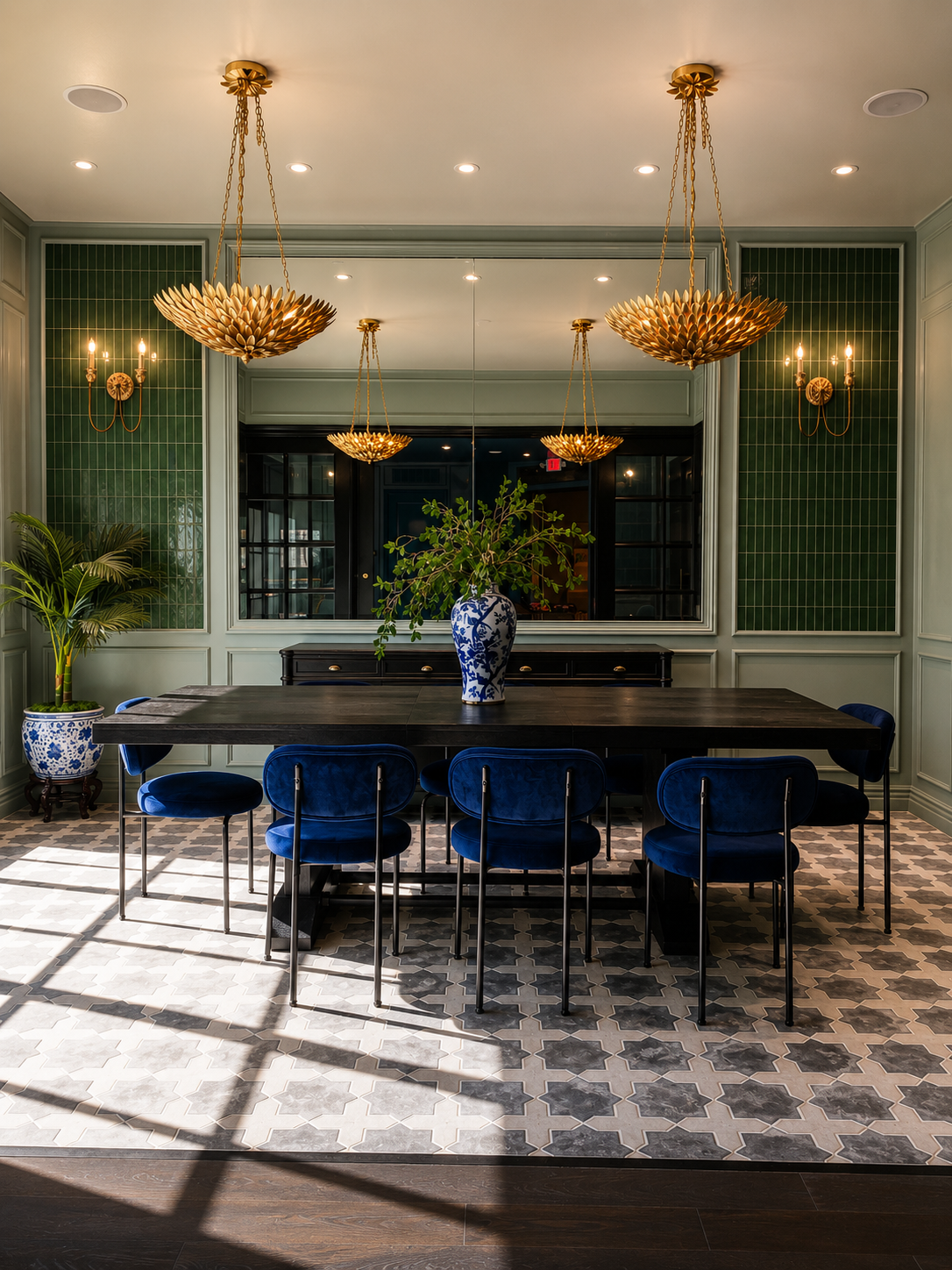 Dining room with a long table and blue chairs, featuring gold chandeliers and green tiled walls.