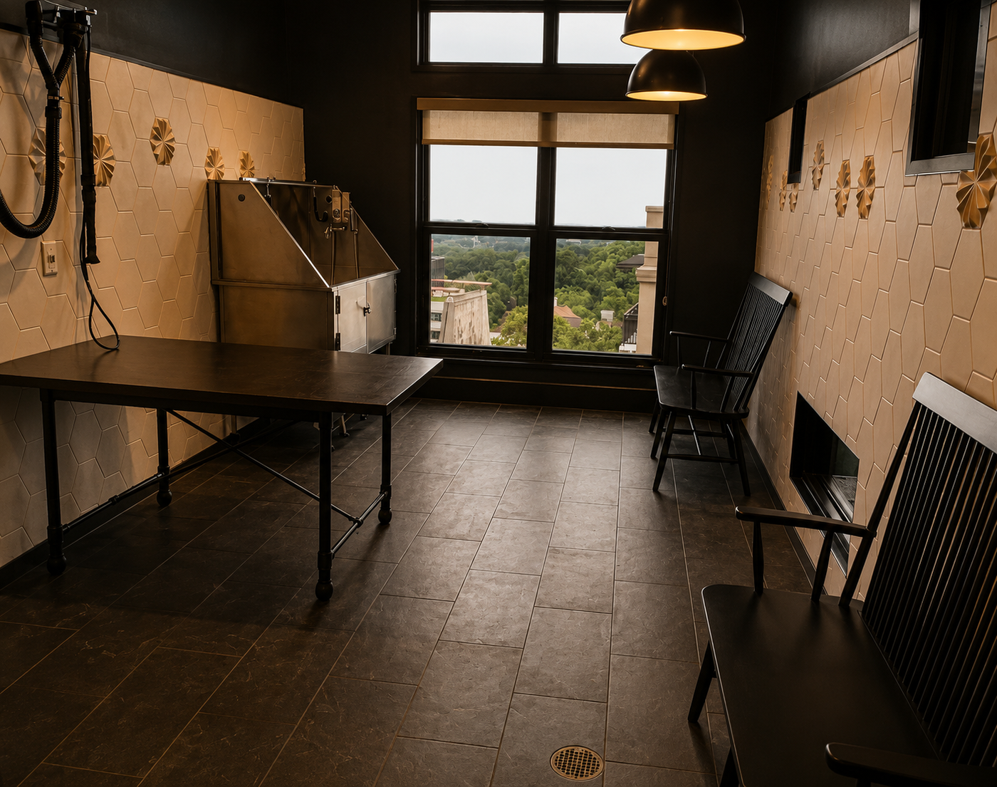 dog wash room with table for grooming and shower. As well as, chairs, and large windows overlooking greenery