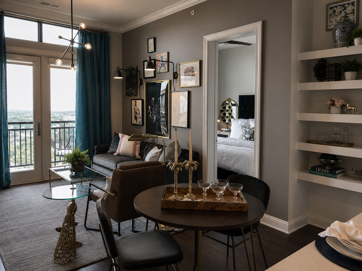 Modern living room with a large mirror, bookshelf, and city view.
