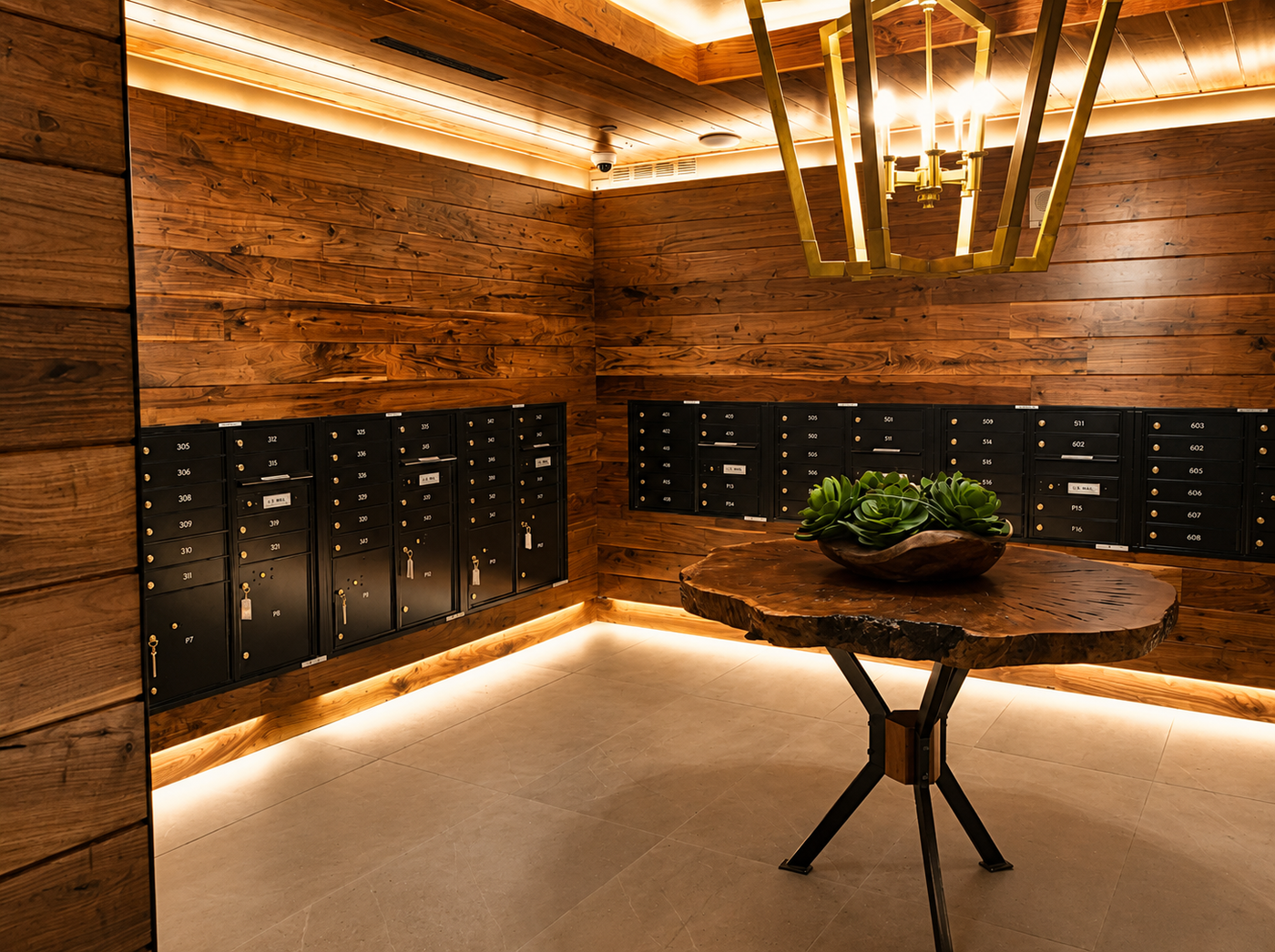 Wooden room with wooden table and black mailboxes on wooden walls.