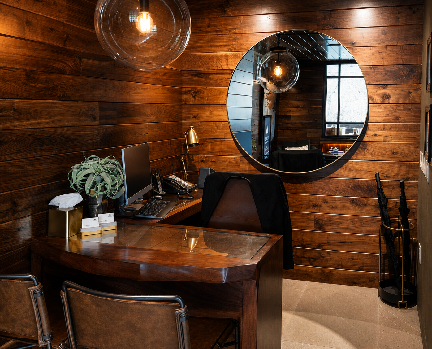 Wooden office desk with computer setup against a wooden wall with a large round mirror.