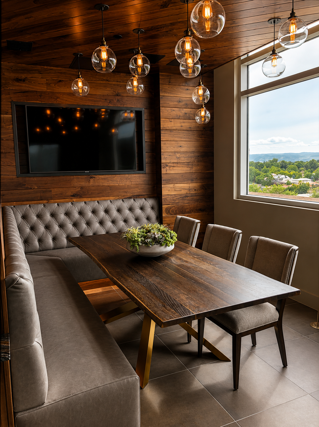 Dining area with wooden table, chairs, and a large window with a view.