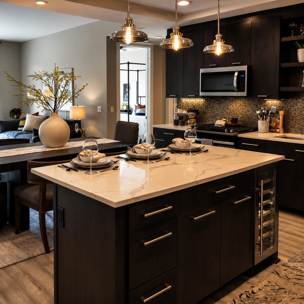 Modern kitchen with island, dining table, and living area.