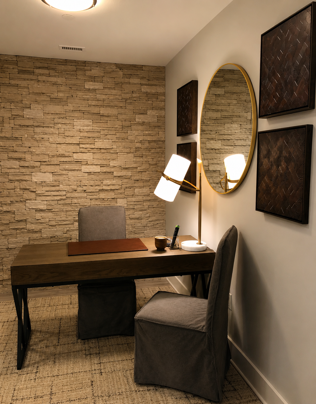 Modern office space with a desk, chair, and decorative elements.