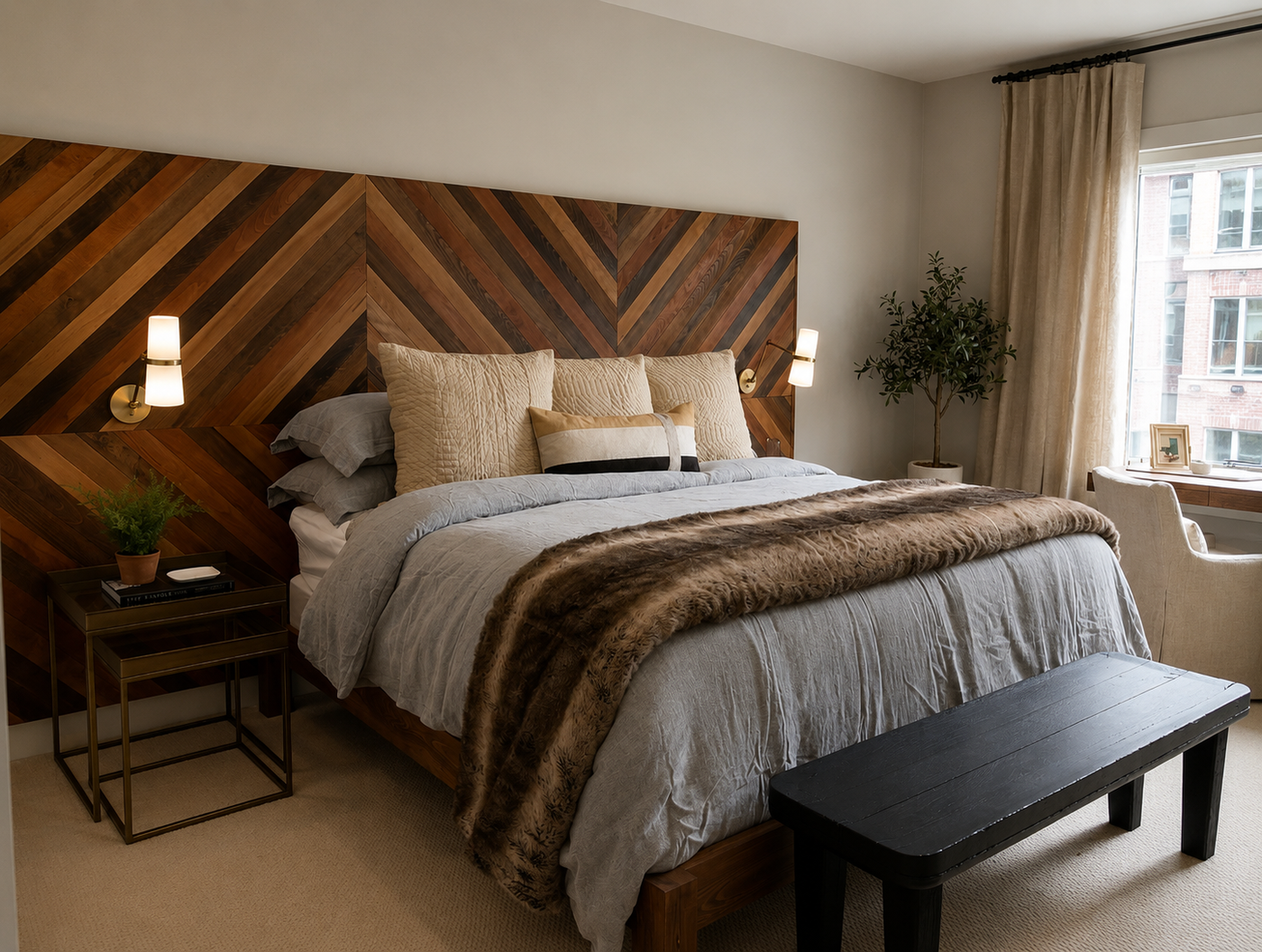 Bedroom with wooden headboard and fur throw blanket