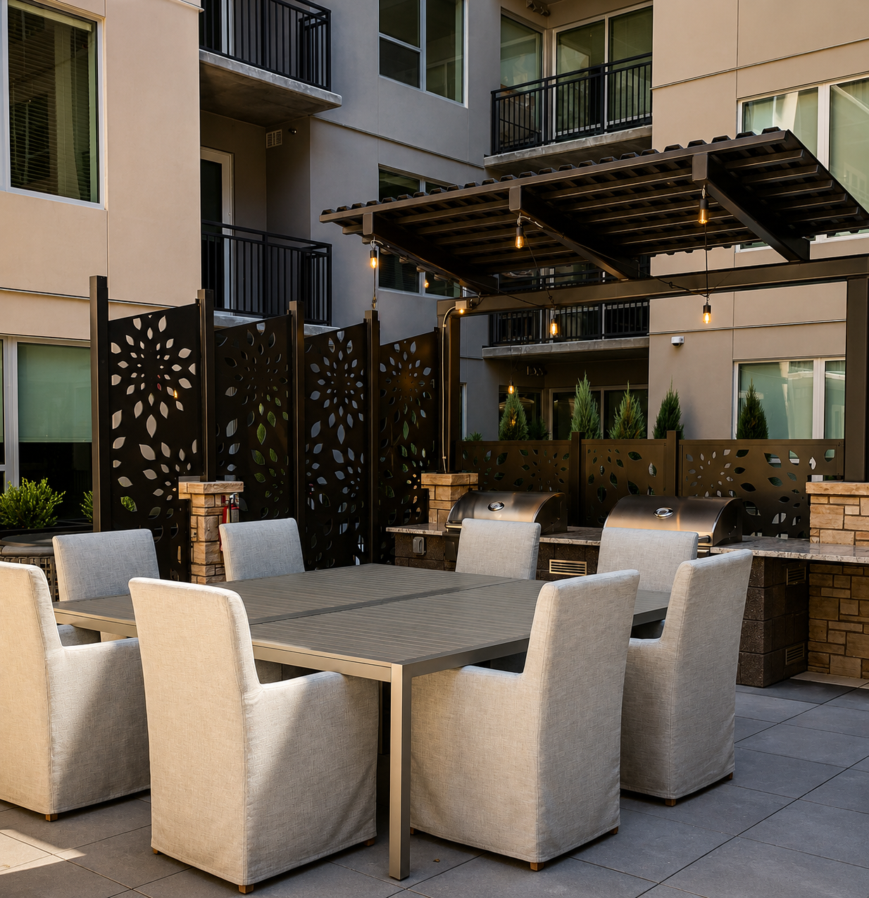 Outdoor patio area with dining table and chairs in front of a building