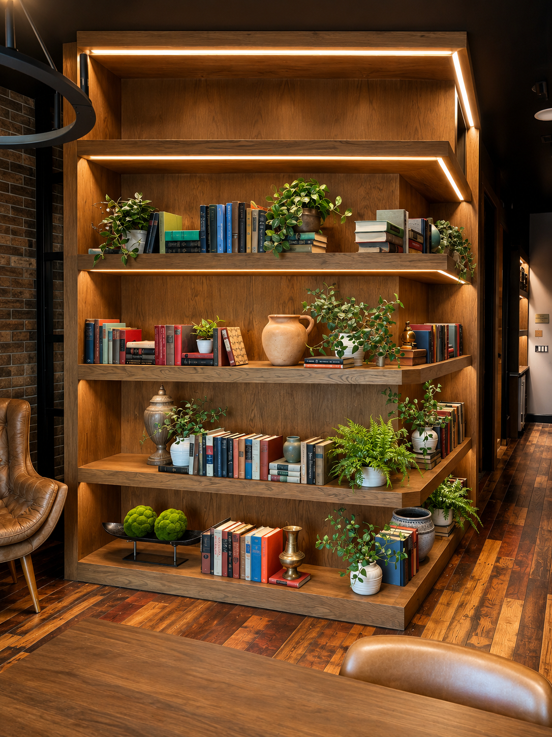 Wooden bookshelf with books and plants in a room with chairs and a brick wall.