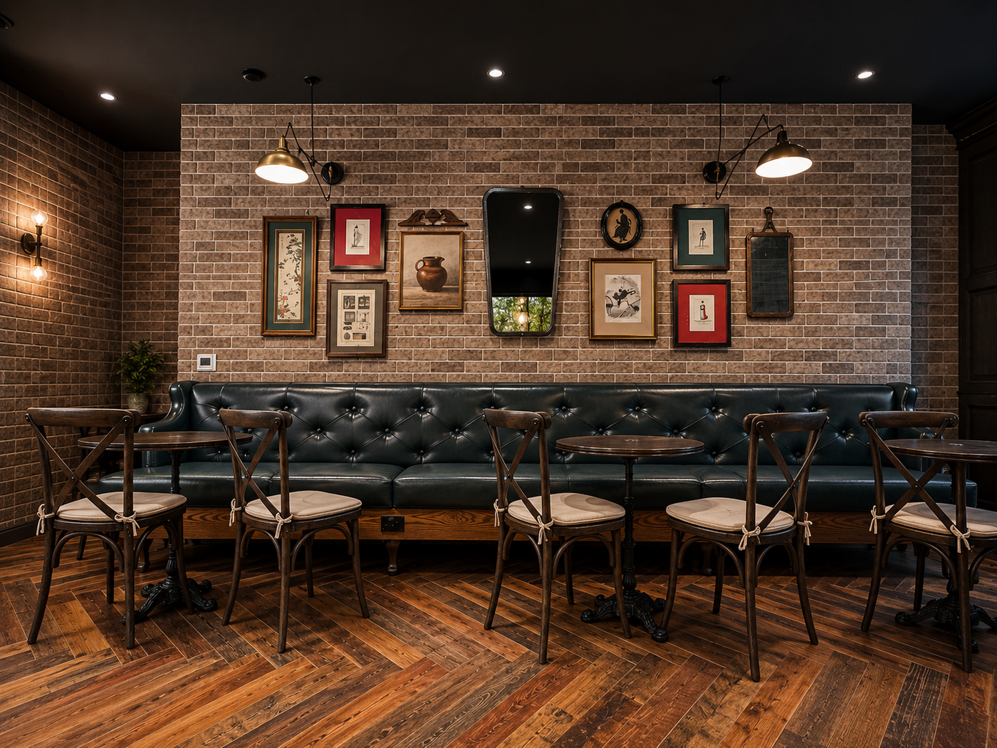 coffee seating area, with a brick wall and artwork of all types on it.  dark booth, with wooden chairs and tables. 