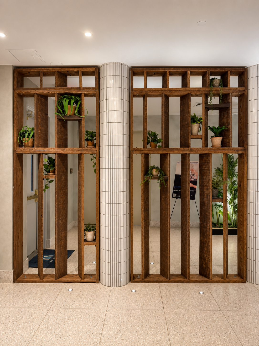 Wooden room divider with plants in a modern interior setting
