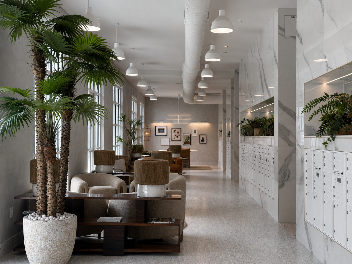 Modern entry and waiting area of a building with marble walls, plants, and seating area.